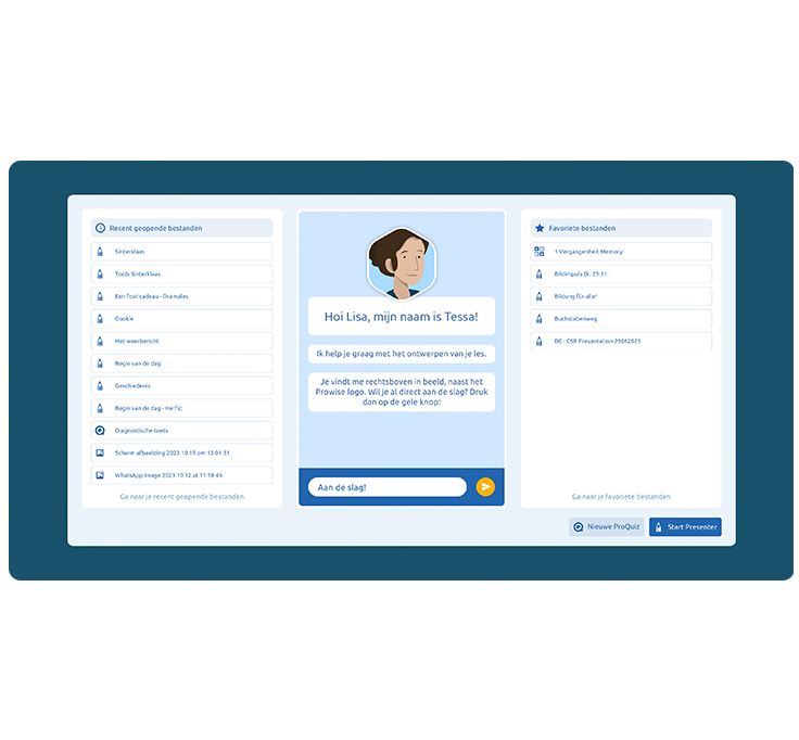 Tessa dashboard NL Beginscherm van Prowise Presenter Tessa de TeachAssist